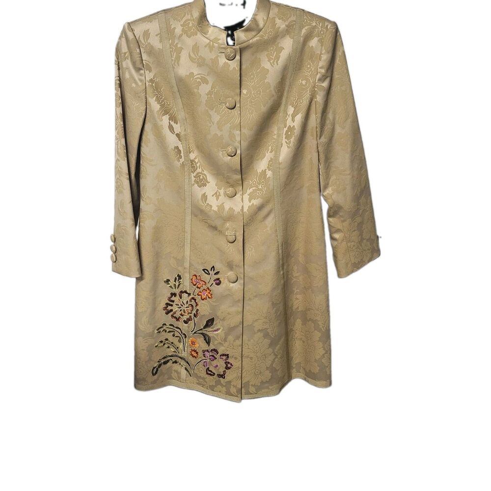 Sigrid Olsen Gold Brocade Embroidered Jacket Coat Mandarin Collar Floral Size 12